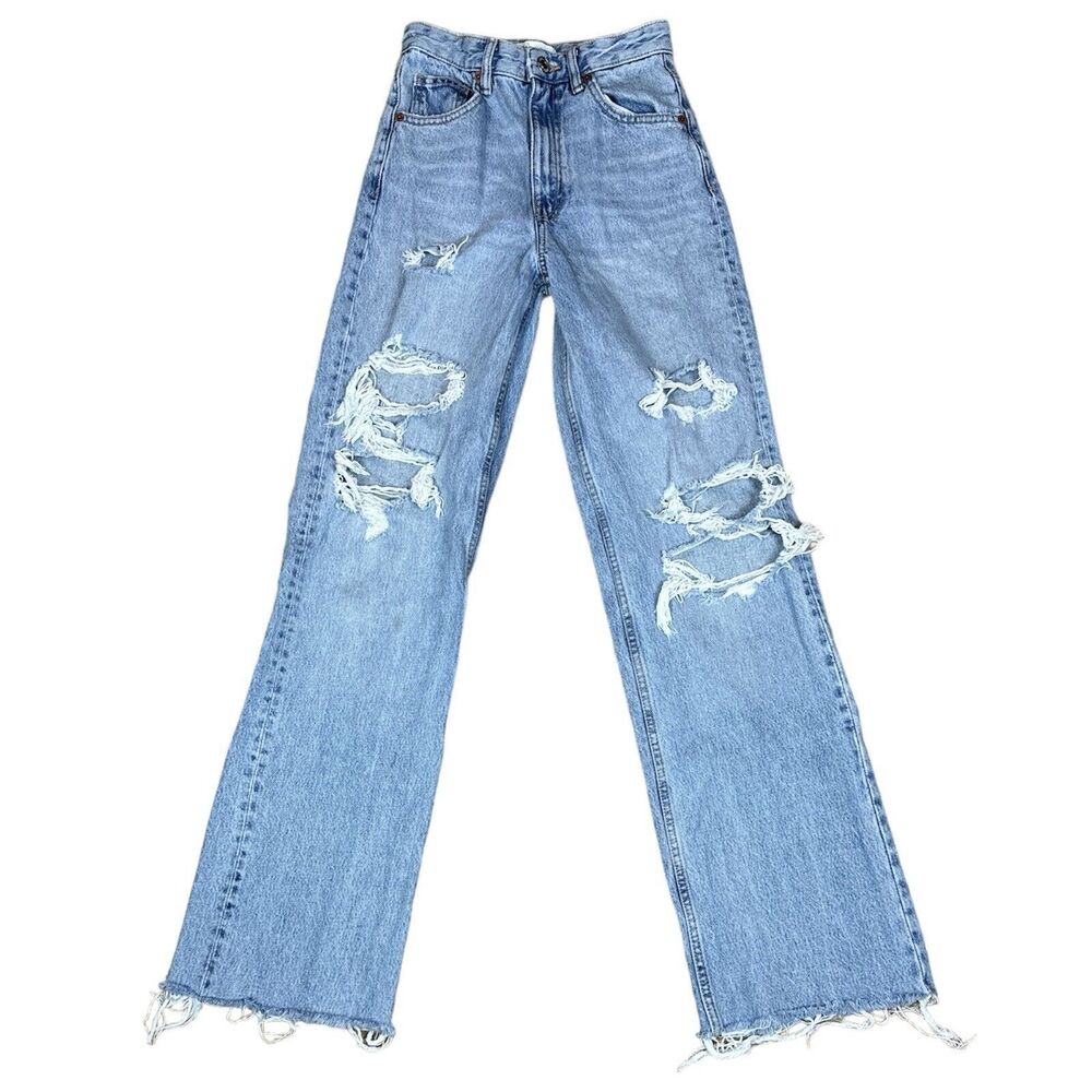 Zara Jeans Womens High Rise Distressed Wide Leg Size 2 Light Wash Raw Hem